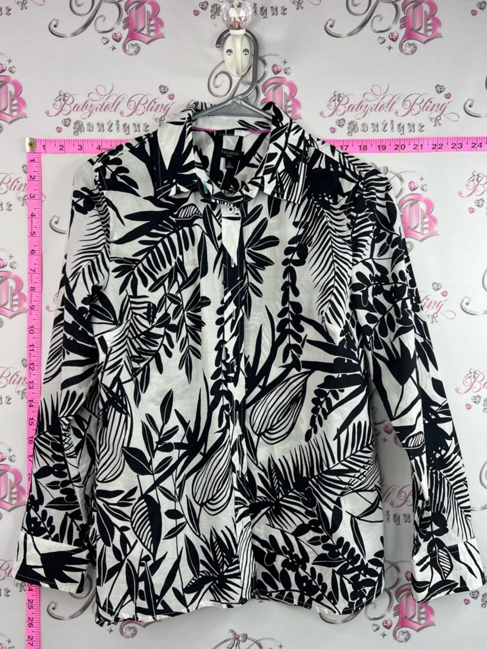 Talbots shirt long sleeves leafs Black and White Botanical Button-Down Shirt